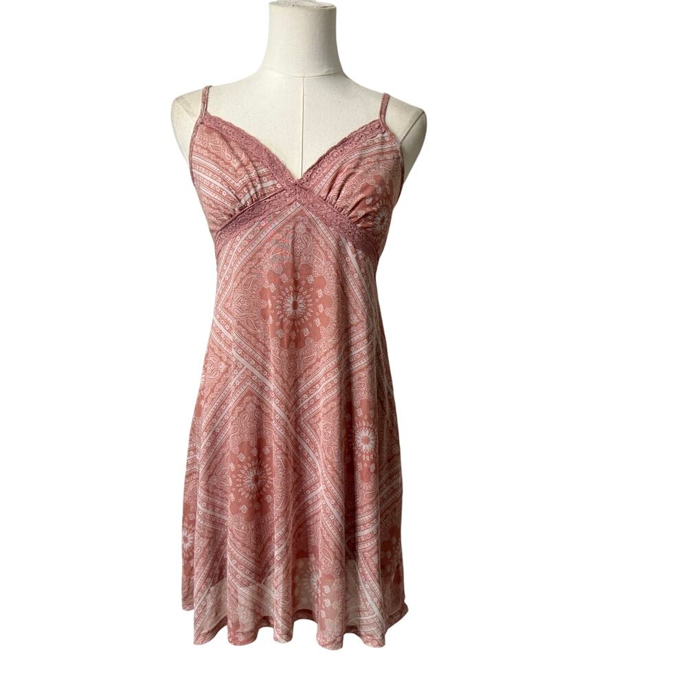 Blush Pink Bandana Paisley Lace Babydoll Mini Dress Y2K Large Fairy Coquette